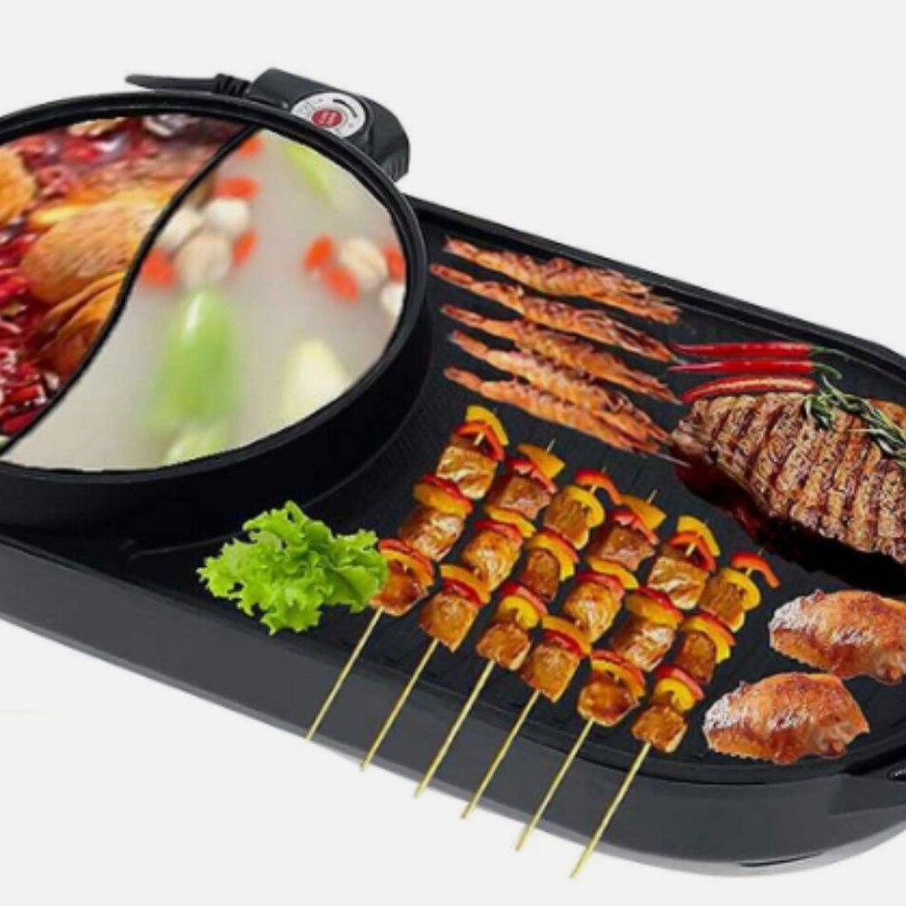 BBQ Electric Grill Pan Dual Power Non Sticky Cookware Steamboat Hot Pot